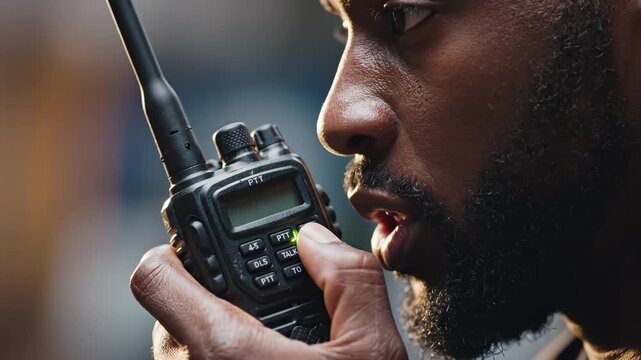 Man holding and using a walkie talkie