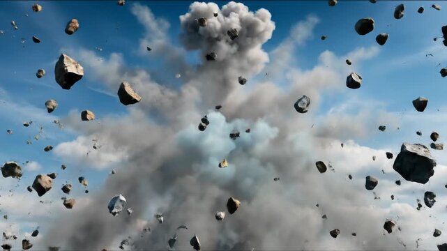 Shattered clock face with flying glass shards concept. Explosive rock blast with flying debris and smoke against a clear blue sky background