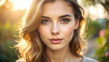 Fototapeta premium Woman with flowing hair looks directly at camera in soft sunlight