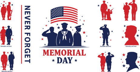 Memorial Day soldier silhouette illustration, patriotic remembrance artwork, military tribute design, US honor vector composition, national pride symbol, commemorative concept