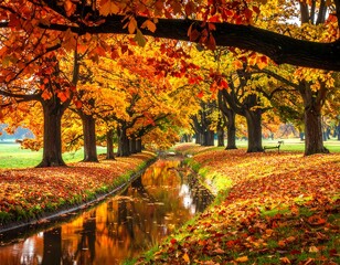 Obraz premium A serene autumn scene with a stream running through a park