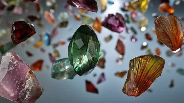 Shattered clock face with flying glass shards concept. Colorful natural gemstones and crystals floating on soft background in various shapes and sizes
