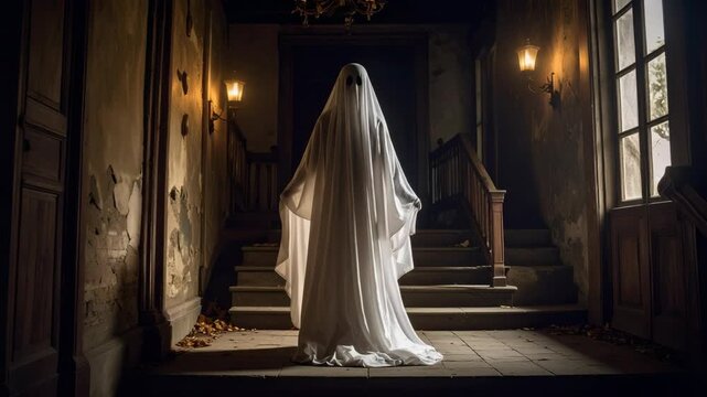 Spooky white sheet ghost stands on dilapidated stairs in a dimly lit haunted house