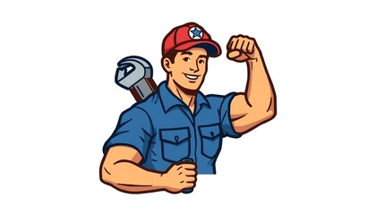Fototapeta premium A cartoon illustration of a muscular man in a blue shirt and red cap flexing his arm with a wrench on his shoulder