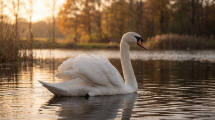 White swan in serene pose with warm golden lighting on calm lake water for nature conservation