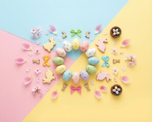 Fototapeta premium Happy Easter Spring Celebration: Colourful Egg and Rabbit Holiday Decoration on a Soft Pastel Background with rabbit, spring, decoration, egg