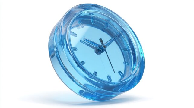 Blue clock with the hands at the numbers 3 and 9. The clock is on a white background