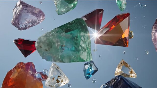 Shattered clock face with flying glass shards concept. Colorful rough gemstones floating on a blue background close up natural mineral crystals