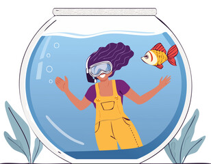 Girl swimming in a giant fishbowl with goldfish vector