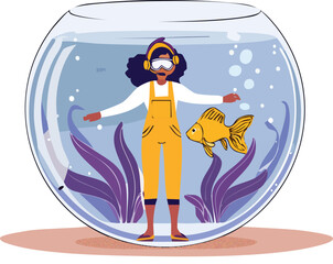 Girl standing inside a giant fishbowl with a goldfish