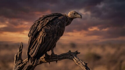 Vulture on dead tree branch in dramatic silhouette with warm sunset lighting for wildlife conservation