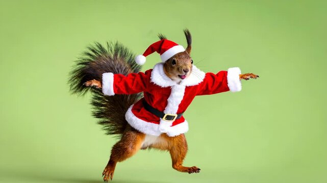 Playful squirrel in a Santa Claus suit jumping against a bright green background.