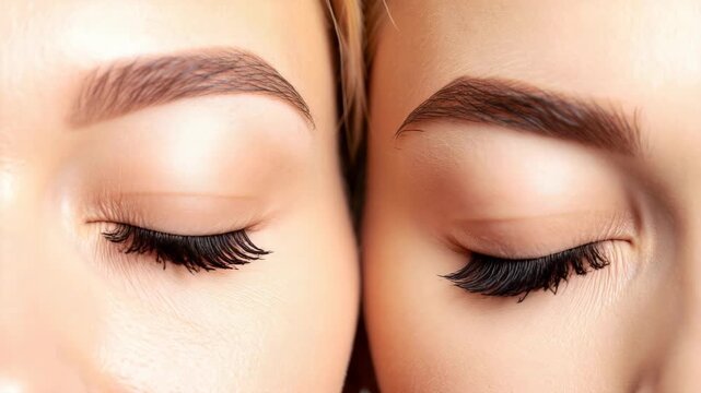 Closeup of two women's closed eyes with full eyelashes and defined eyebrows