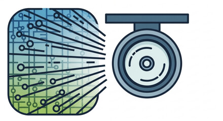 Circuit board and security camera illustration showing surveillance and technology integration on white background