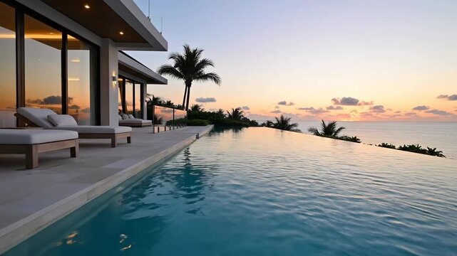 Infinity pool merging into ocean at sunset. Loungers line the patio of a modern house. Palm trees punctuate view