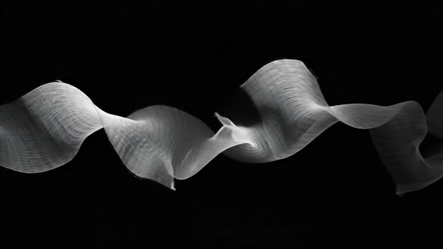 Shattered clock face with flying glass shards concept. Abstract flowing white smoke or fabric wave motion on black background artistic design