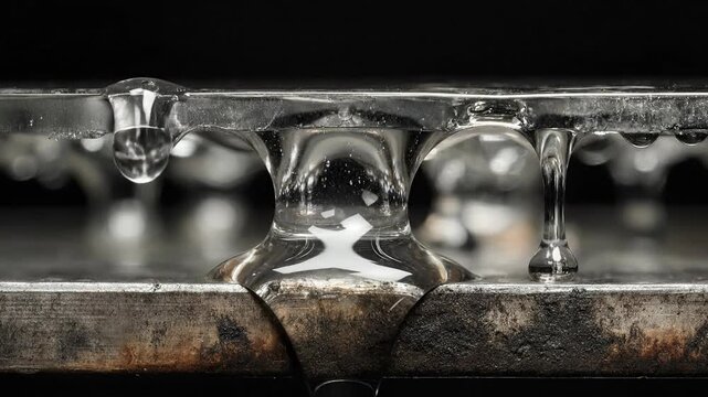 Shattered clock face with flying glass shards concept. Close up of melting ice dripping from rusty metal surface with water droplets in high detail