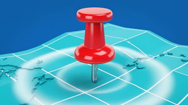 A red pushpin is being placed onto a stylized world map on a blue background.