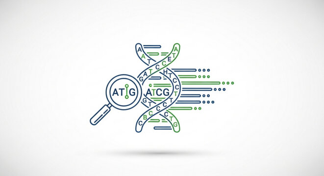 Dna double helix structure with magnifying glass examining genetic code atg and acg nucleotides in a scientific illustration