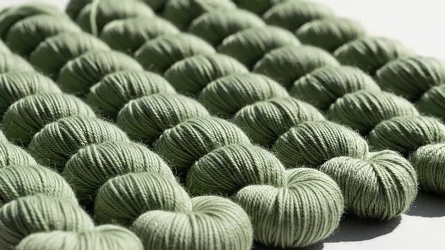 Close-up of neatly arranged green yarn balls creating an orderly pattern with soft shadows emphasizing the texture
