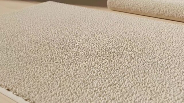 Close-up of textured beige rug with matching accessory on light wooden floor