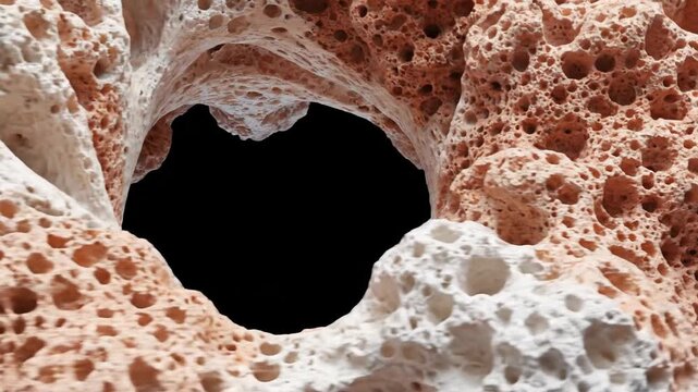 Shattered clock face with flying glass shards concept. Close up of porous natural rock formation with intricate texture and holes against black background