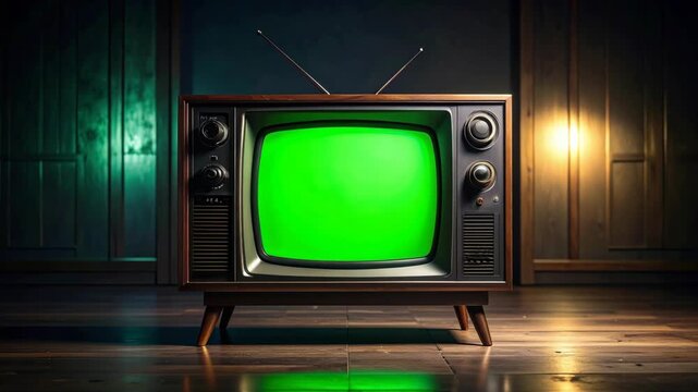 Vintage Television with Green Screen and Antenna in Dimly Lit Room