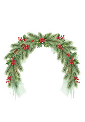 delicate watercolor illustration featuring a lush pine and holly berry christmas garland with 'merry christmas' calligraphy on a textured white background. Festive greeting card concept
