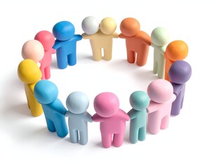 A circle of colorful, connected clay figures representing teamwork and unity against a stark white backdrop