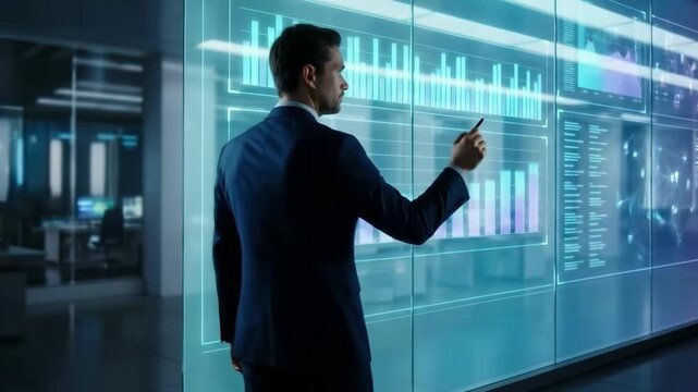 Futuristic 4K Video of a Business Executive Analyzing Corporate Performance on a Large Transparent Data Visualization Screen