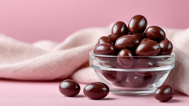 Chocolate coated almonds in glass bowl on pink fabric background
