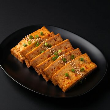 Slices of dubu jorim 두부조림 (braised tofu) in soy-chili sauce with green onions and sesame seeds, glossy finish, black plate, pure black background
 