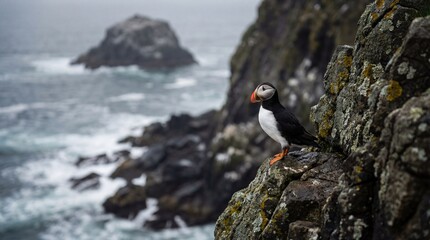 Puffin on rugged rocky cliffside in dramatic cloudy lighting for wildlife photography
