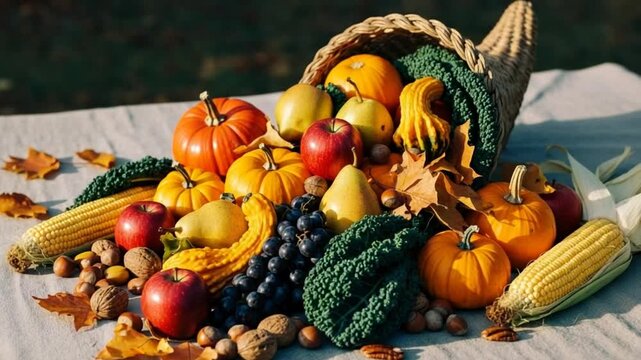 Abundant Autumn Harvest Cornucopia Display with Fresh Seasonal Produce.