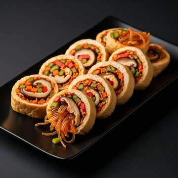 Rolled dubu pi (tofu skin) stuffed with spicy vegetable mix, cut to show filling, black plate, solid black background
