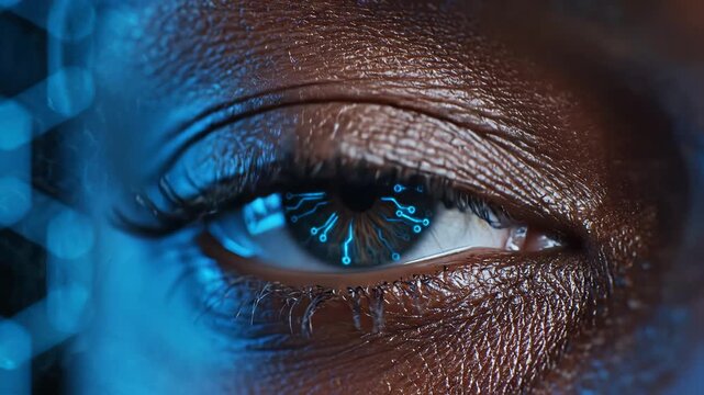 Closeup of human eye with digital circuit pattern