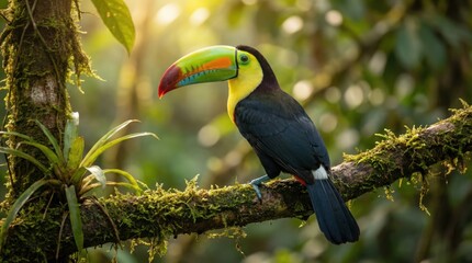 Toucan perched on mossy branch in vibrant rainforest with soft natural lighting for wildlife conservation
