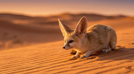 Fennec Fox in Serene Profile with Warm Golden Lighting on Sandy Dunes for Wildlife Photography