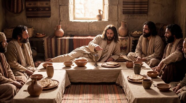 Man Jesus Christ at Last Supper with disciples, celebrating the Eucharist. Biblical Christian event representing sacrament and salvation.