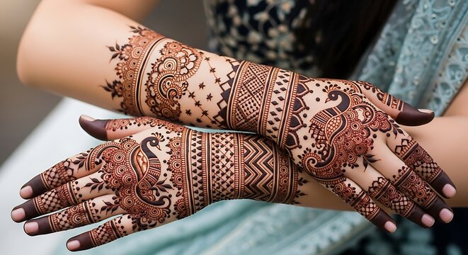 Intricately designed henna tattoos on woman's hands for wedding