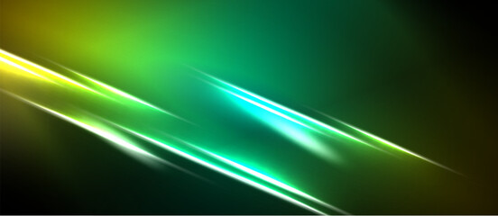 Abstract background features vibrant green, yellow light streaks. Diagonal lines create dynamic energy, dark borders frame composition. © antishock