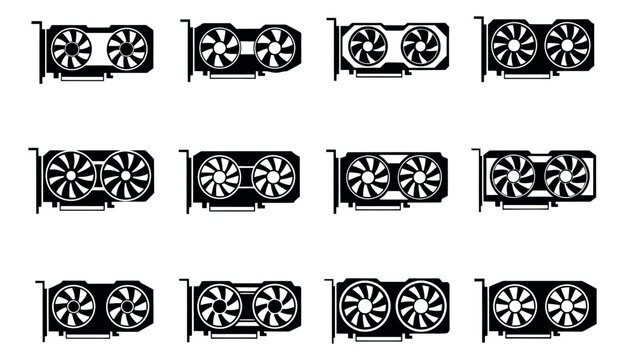 Modern icon computer hardware set featuring various graphics card designs for technology and gaming concepts