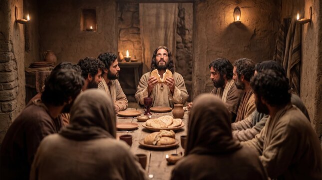 Jesus Christ, surrounded by men disciples, breaks bread at the Last Supper. Biblical scene of Maundy Thursday for Easter and Christian concept.