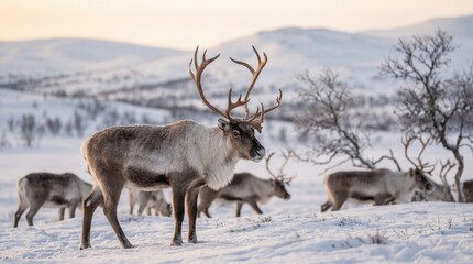 Reindeer Herd in Serene Winter Landscape with Soft Natural Lighting on Snowy Terrain for Wildlife Photography