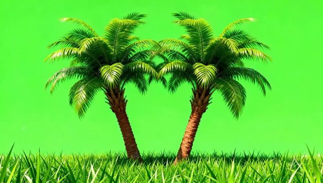 Twin Palm Trees on Green Screen with Grass for Easy Compositing