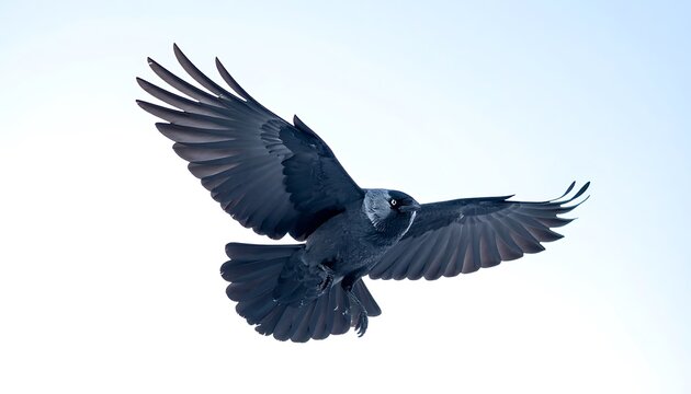 Dark bird soars, its wings fully spread, against a pale sky. Sunlight catches feathers for contrast