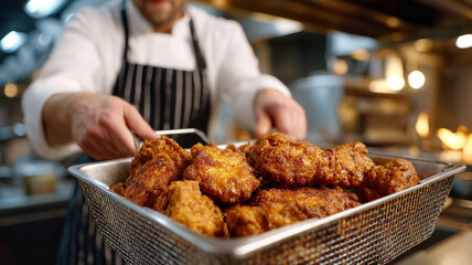 Chef serving crispy fried chicken in professional kitchen