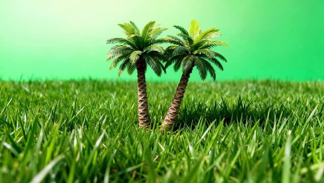 Miniature palm trees on grass with green screen. 4K Video