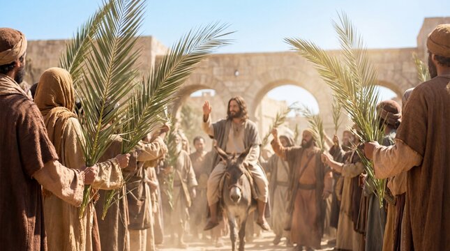 Jesus Christ riding a donkey during Palm Sunday procession, surrounded by men waving palm branches. Biblical event for Christian Easter celebration.