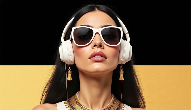Elegant woman with white headphones and sunglasses on black and gold background